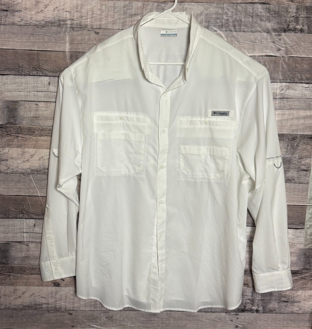 Columbia PFG Fishing Shirt Mens 2XL White Long Sleeve Button Up Outdoors